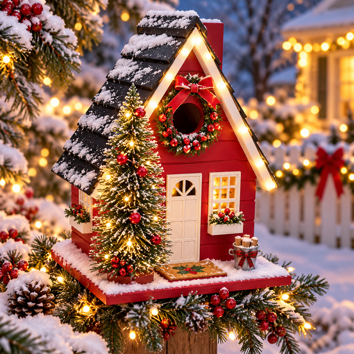 Festive Lodge Birdhouse w/L.E.D Lights - Red – decorative birdhouse