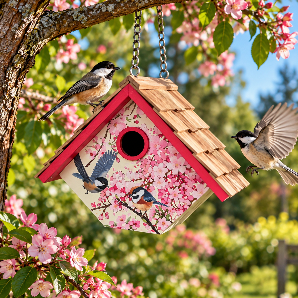 Printed Wren Birdhouse - Cherry Blossom & Chickadee Print