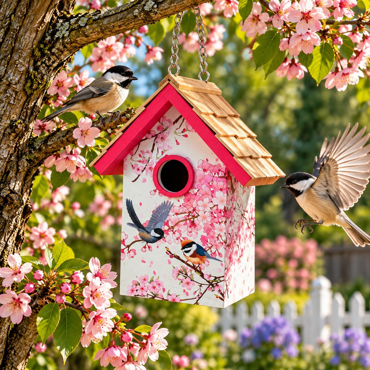 Standard Cottage Birdhouse - Cherry Blossom & Chickadee Print