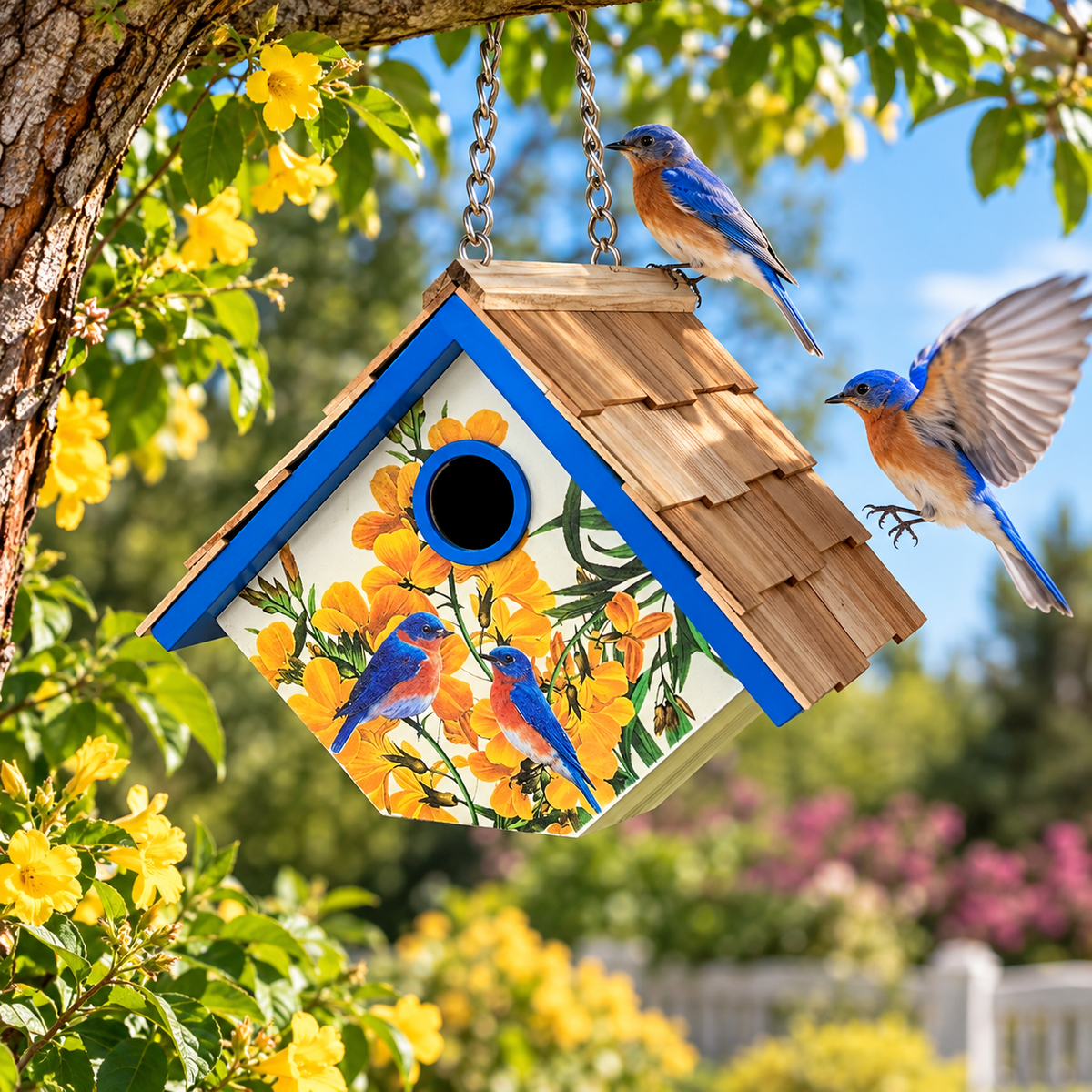 Printed Wren Birdhouse - Bluebirds & Camellia Print