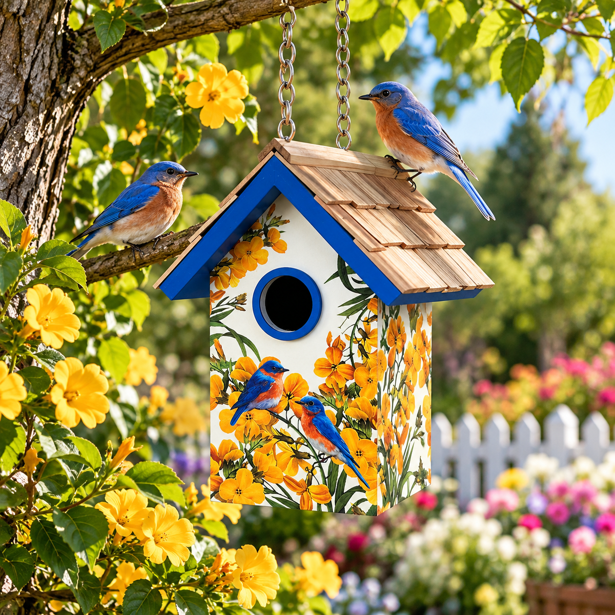 Standard Cottage Birdhouse - Bluebirds With Camellia Print