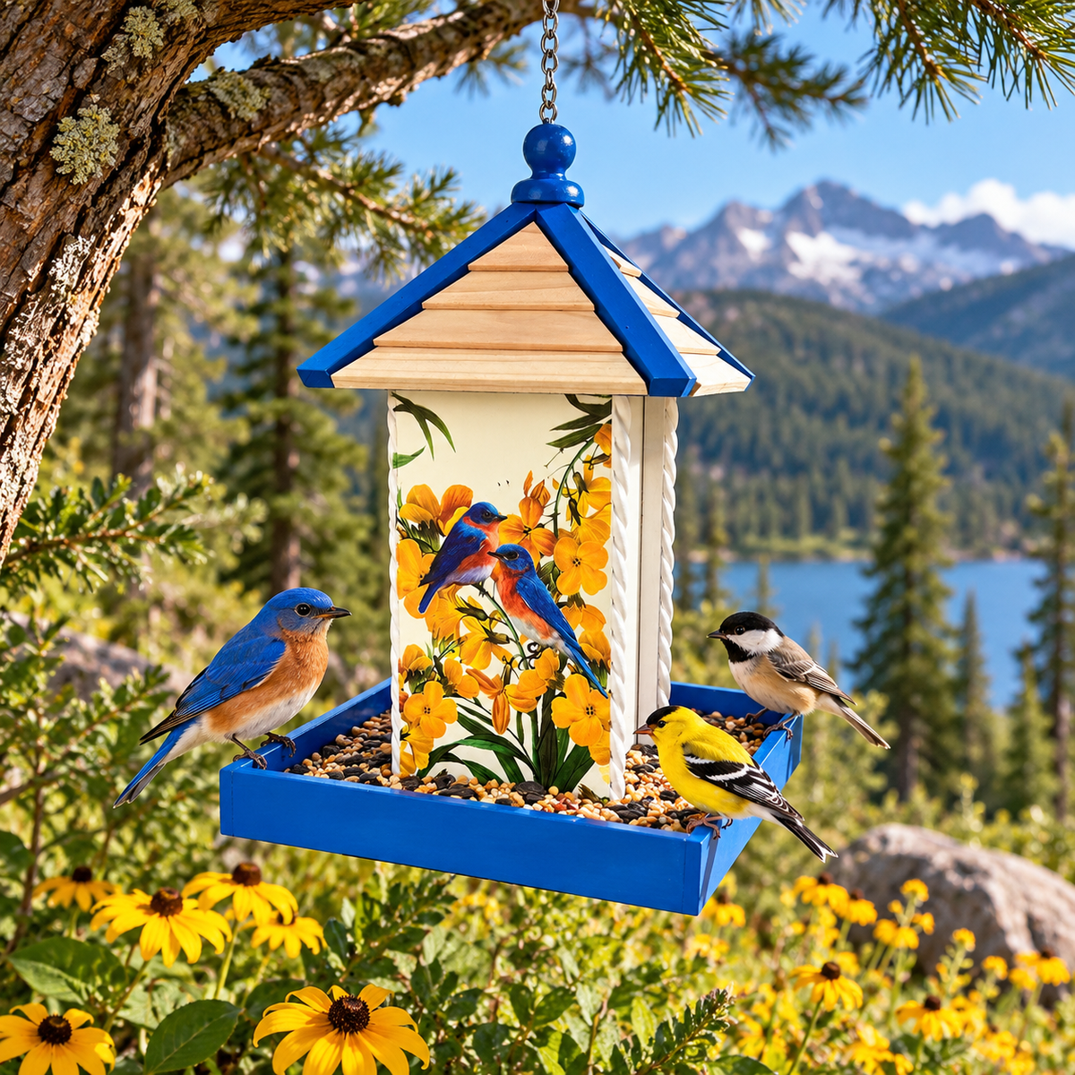 Townhouse Bird Feeder - Bluebirds & Camellia Print