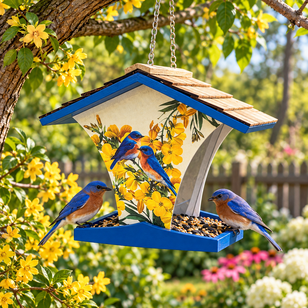Happy Hopper Bird Feeder  Bluebirds & Camellia Print