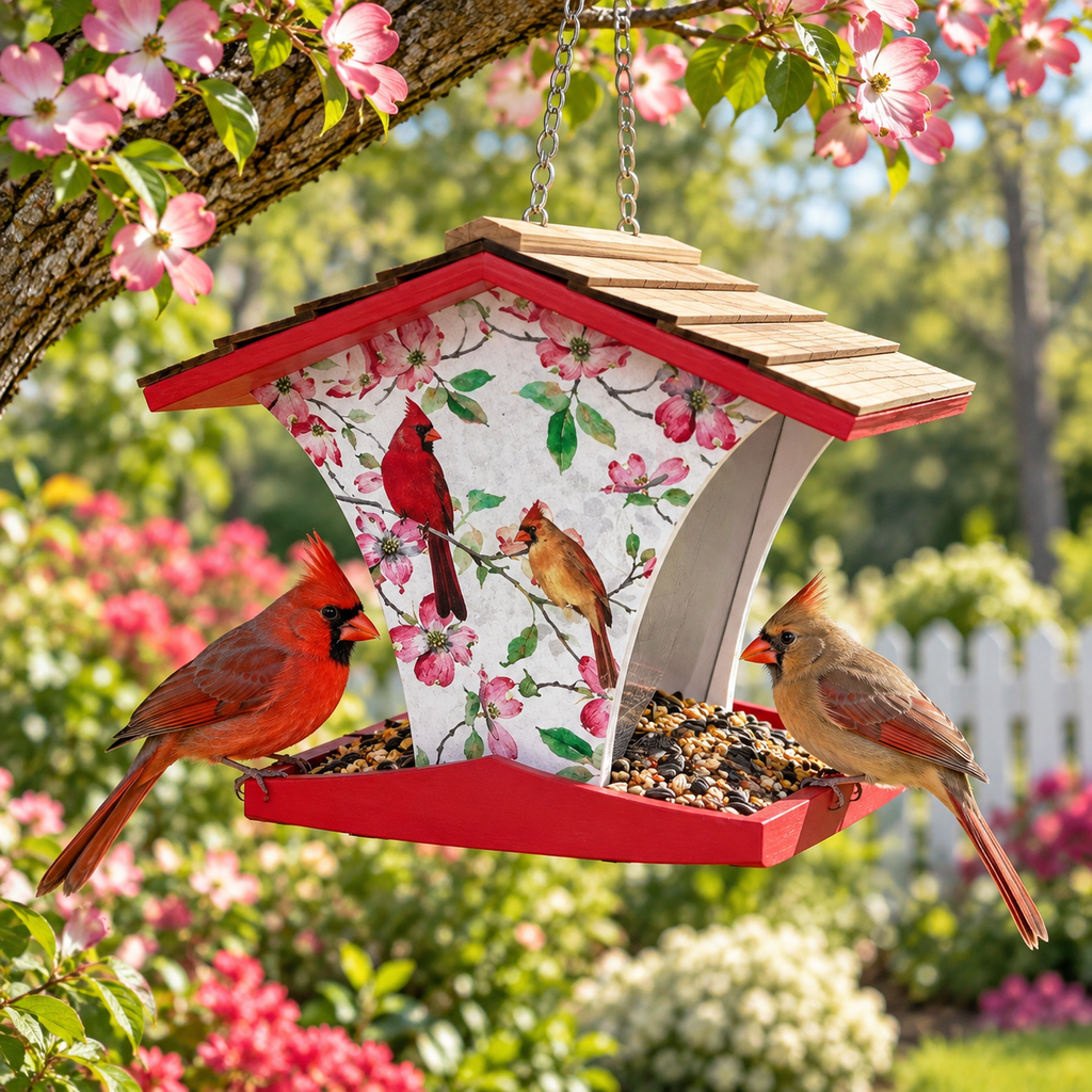 Happy Hopper Bird Feeder Cardinals & Dogwood Print