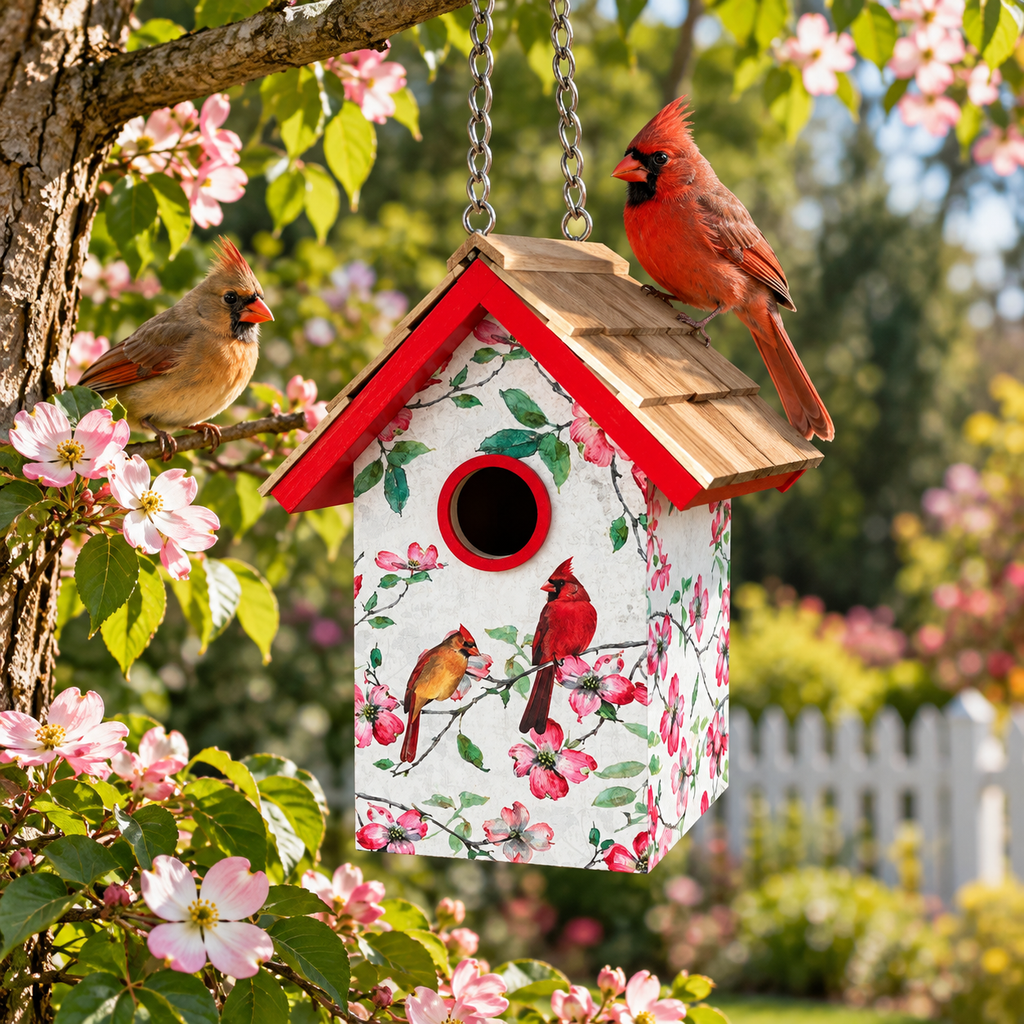Standard Cottage Birdhouse - Cardinals & Dogwood Print