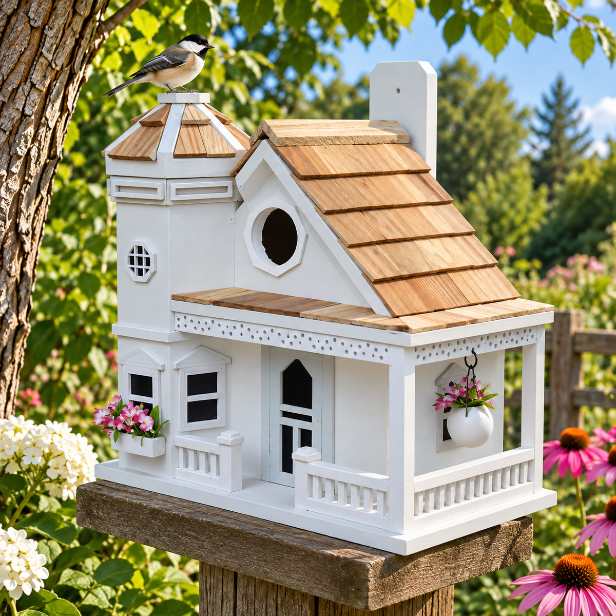 Flower Pot Cottage Birdhouse - White