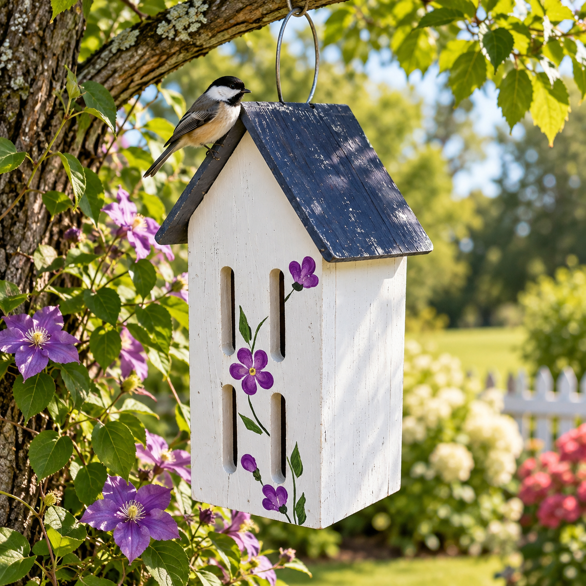 Butterfly House with Handpainted Flowers & Metal Roof - White w/Purple Flowers