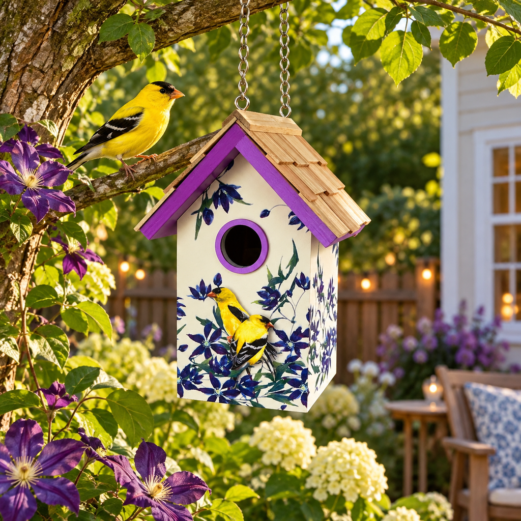 Standard Cottage Birdhouse - Goldfinch & Clematis Print