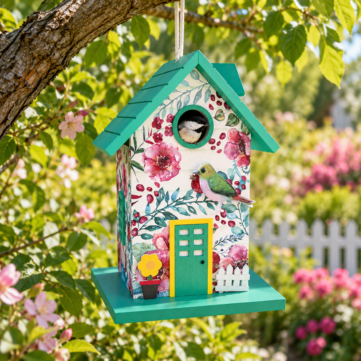 Garden Flower Cottage with Metal Bird Birdhouse