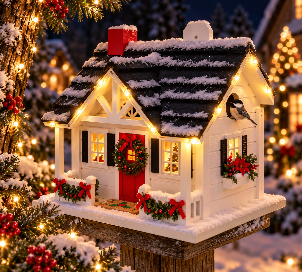 Caroler's Cape Cottage Birdhouse w/LED Lights - White