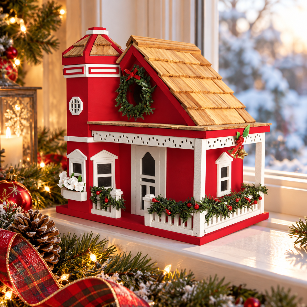 Yuletide Cottage Birdhouse - Red