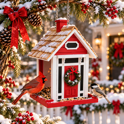 Christmas Cottage Birdfeeder - Red – outdoor bird feeder