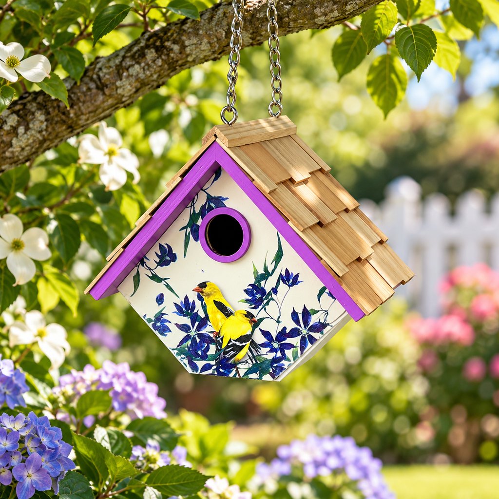 Printed Wren Birdhouse - Goldfinch & Clematis Print
