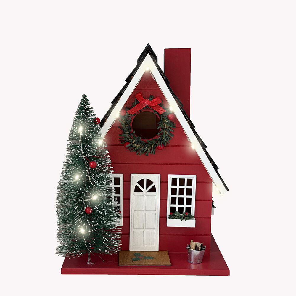 Festive Lodge Birdhouse w/L.E.D Lights - Red