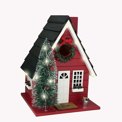 Festive Lodge Birdhouse w/L.E.D Lights - Red