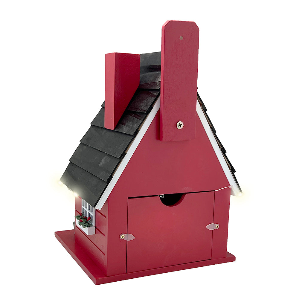 Festive Lodge Birdhouse w/L.E.D Lights - Red