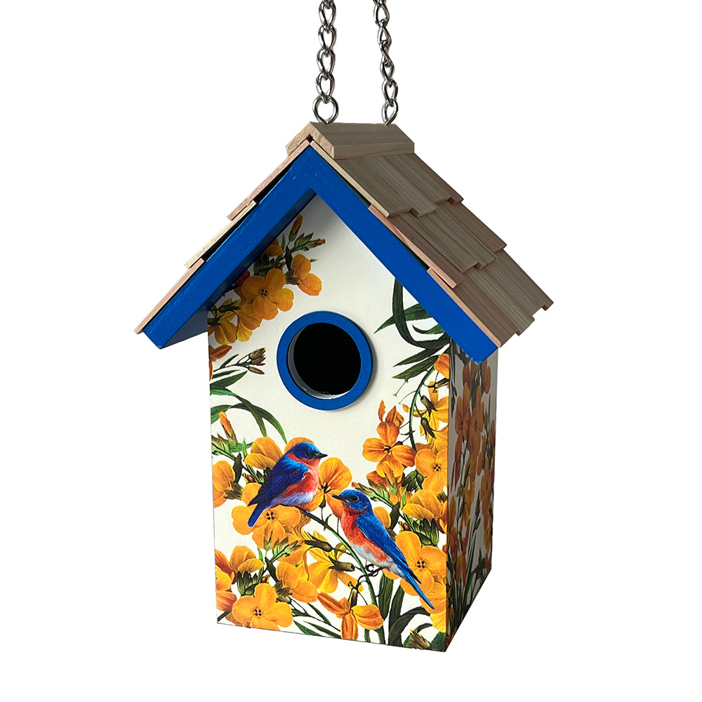 Standard Cottage Birdhouse - Bluebirds With Camellia Print