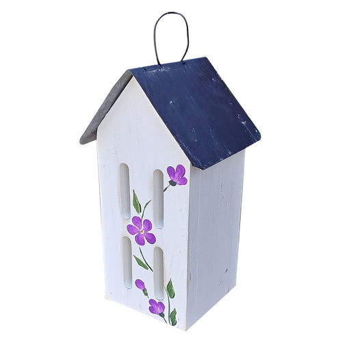 Butterfly House with Handpainted Flowers & Metal Roof - White w/Purple Flowers