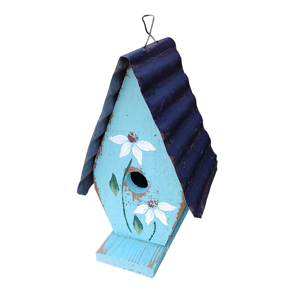 A Frame Birdhouse with Handpainted Flowers & Metal Roof  - Turquoise w/White Flowers