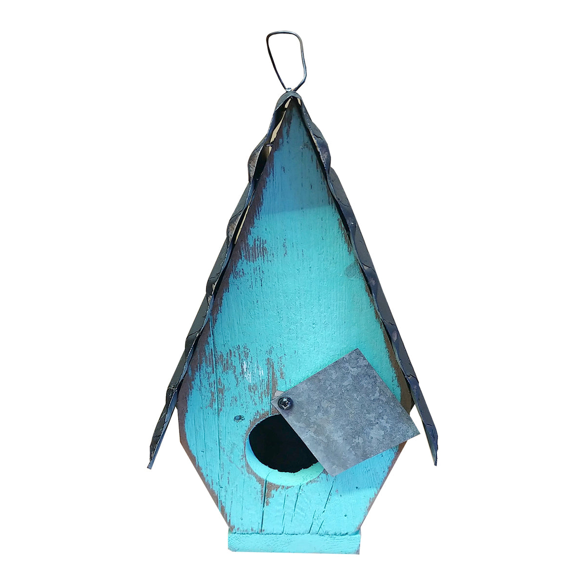 A Frame Birdhouse with Handpainted Flowers & Metal Roof  - Turquoise w/White Flowers