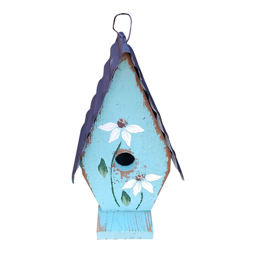 A Frame Birdhouse with Handpainted Flowers & Metal Roof  - Turquoise w/White Flowers