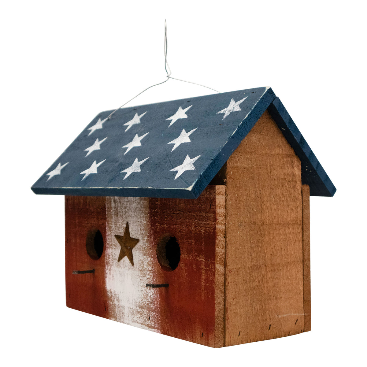 Bunker Hill Birdhouse - 2 Hole - With Stars Wooden Roof - Americana Stars