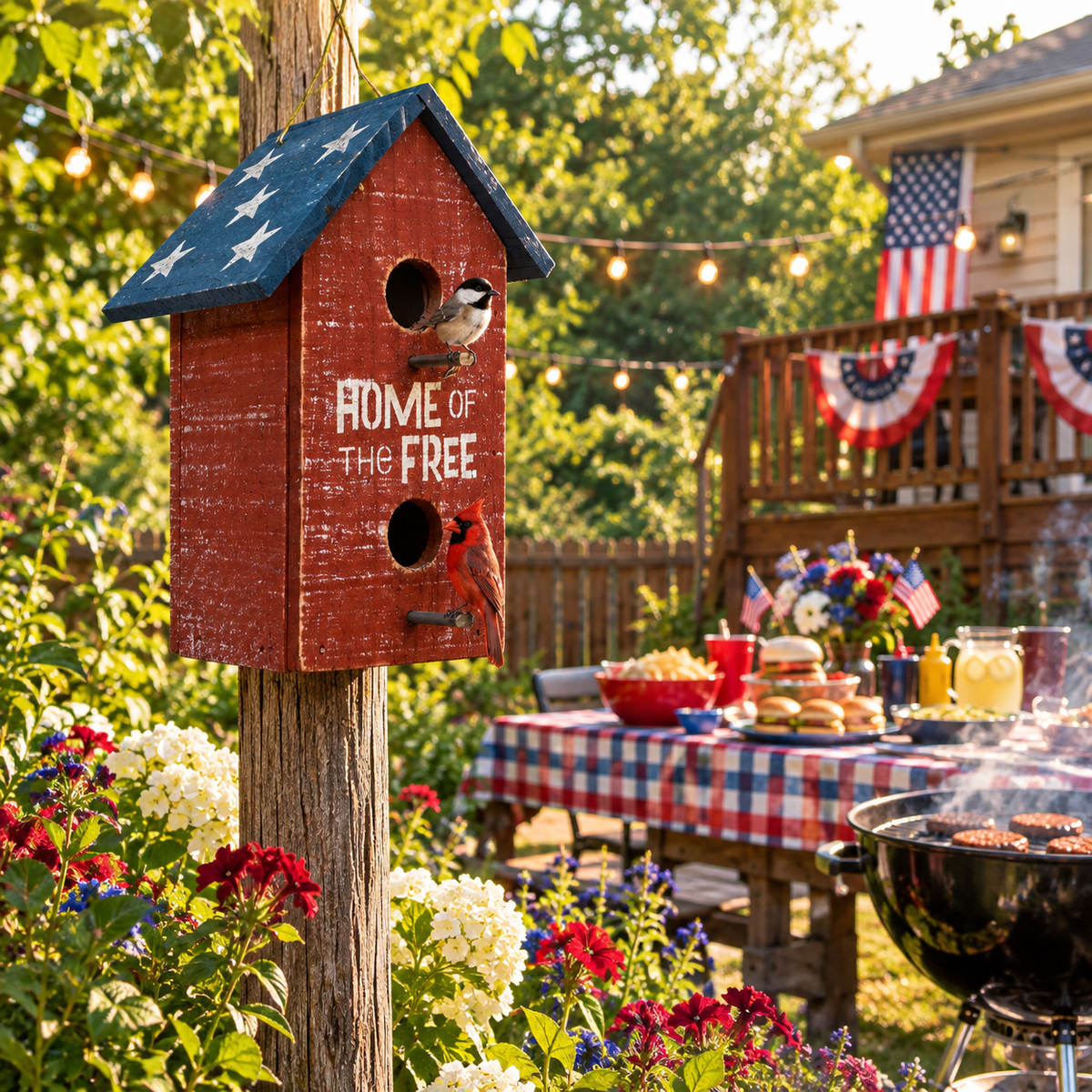 Concord Hanging Birdhouse Wooden Roof with Stars - Home Of The Free