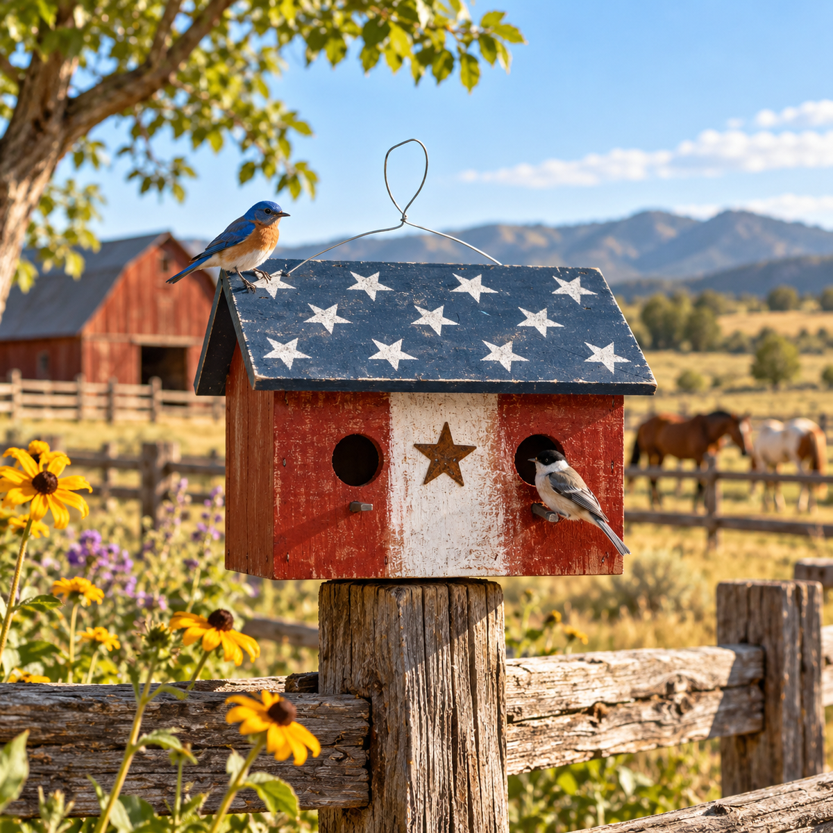 Bunker Hill Birdhouse - 2 Hole - With Stars Wooden Roof - Americana Stars