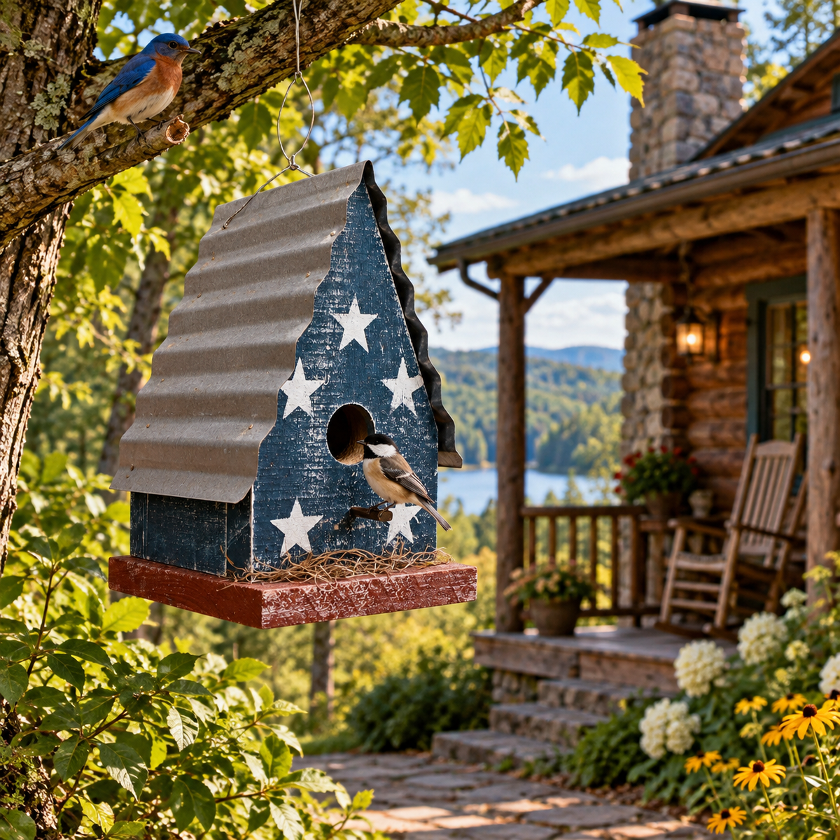 Yorktown (Barn) Hanging Birdhouse with Stars Metal Roof - Americana Stars