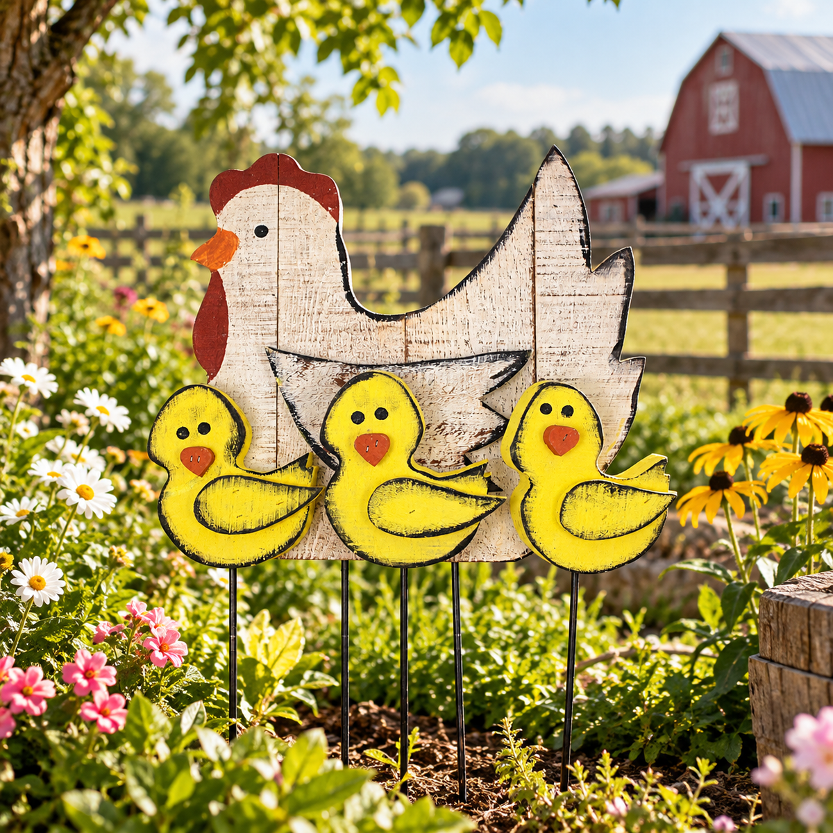 Hen and Three Chicks Garden Set – Handcrafted by Master Amish Craftsmen