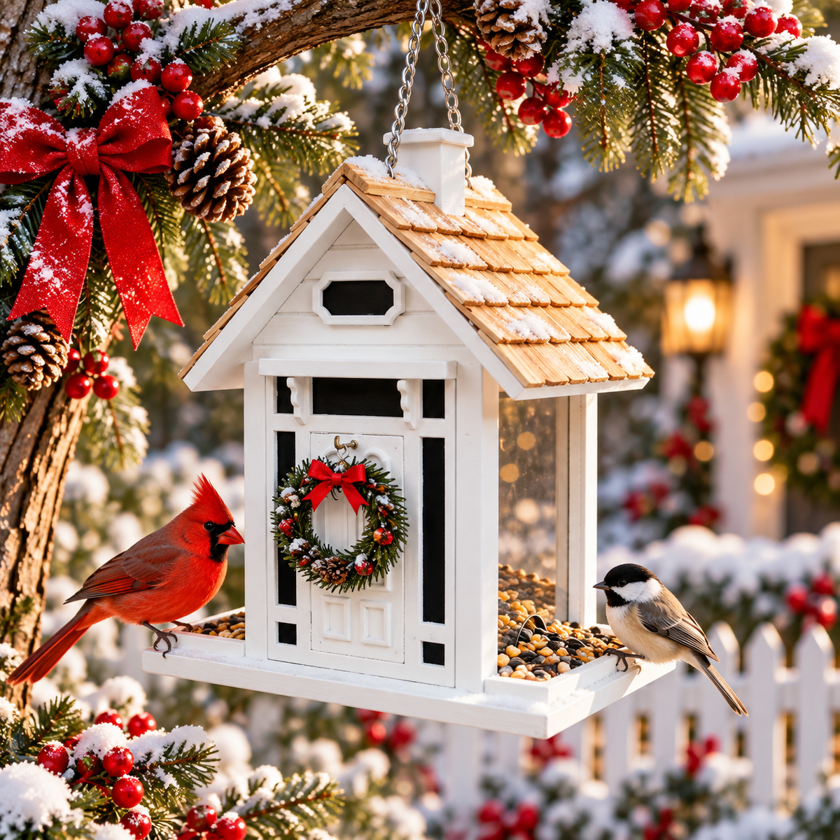 Christmas Cottage Birdfeeder - White
