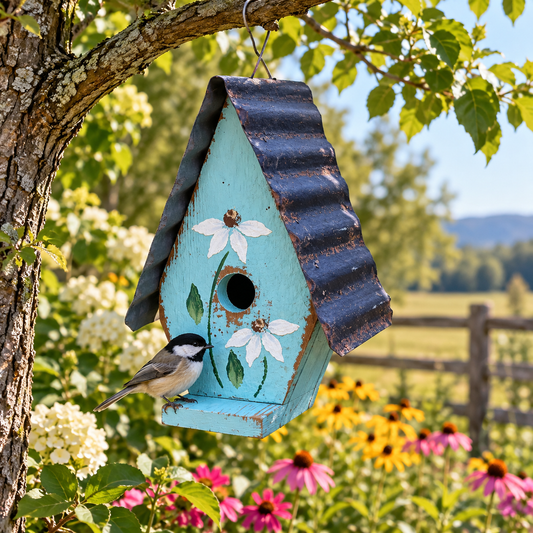 A Frame Birdhouse with Handpainted Flowers & Metal Roof  - Turquoise w/White Flowers