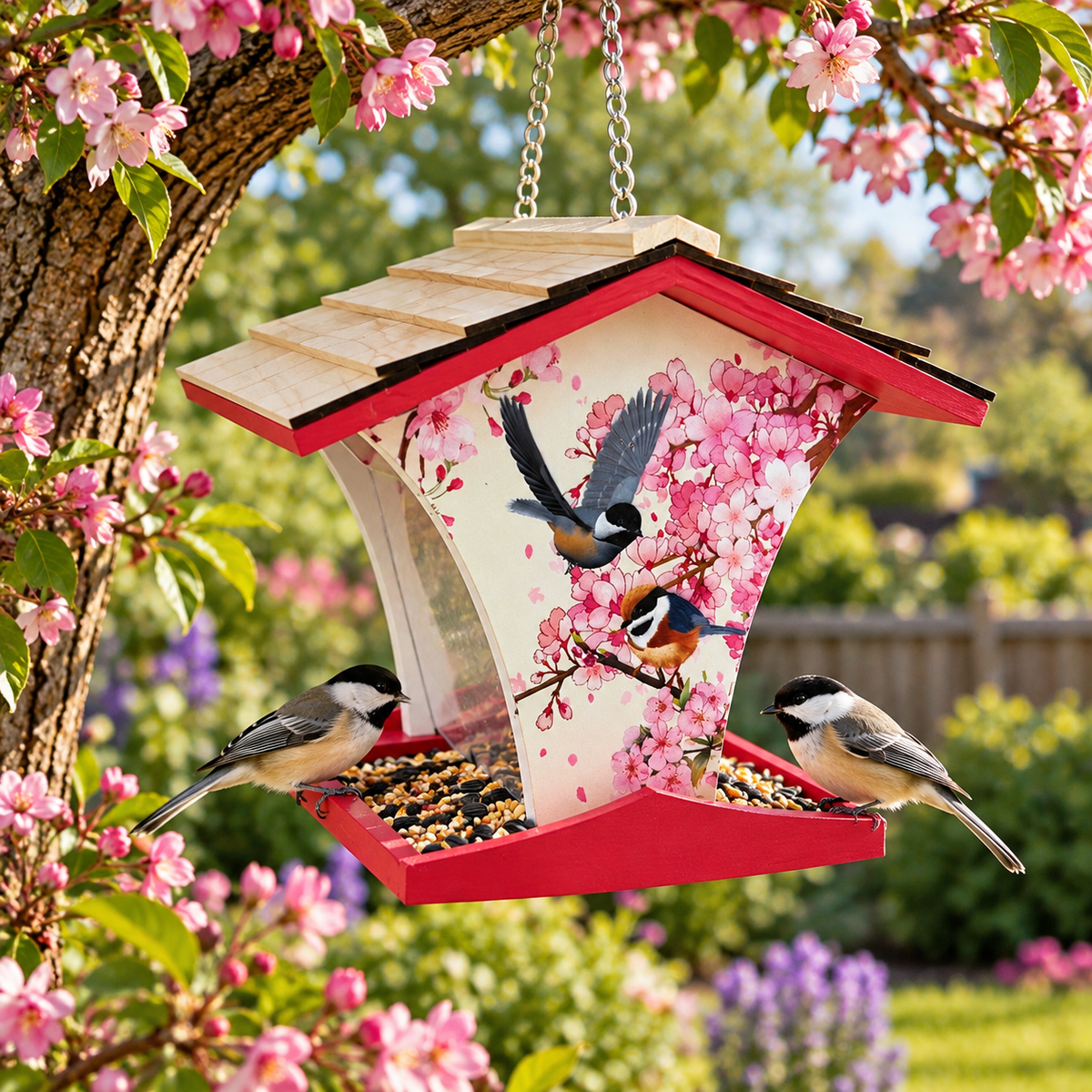 Happy Hopper Bird Feeder With Cherry Blossom & Chickadee Print