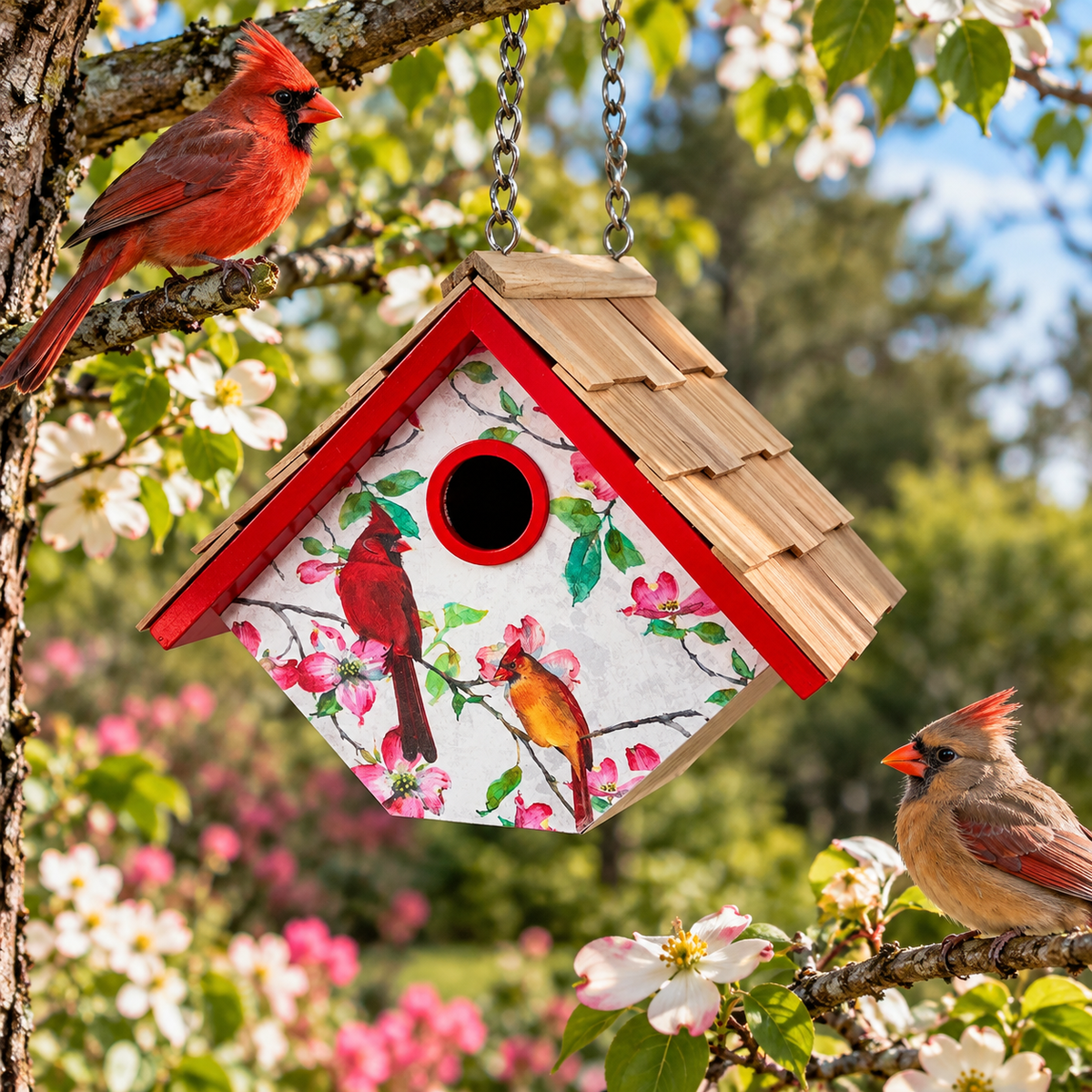 Printed Wren Birdhouse - Cardinals & Dogwood Print